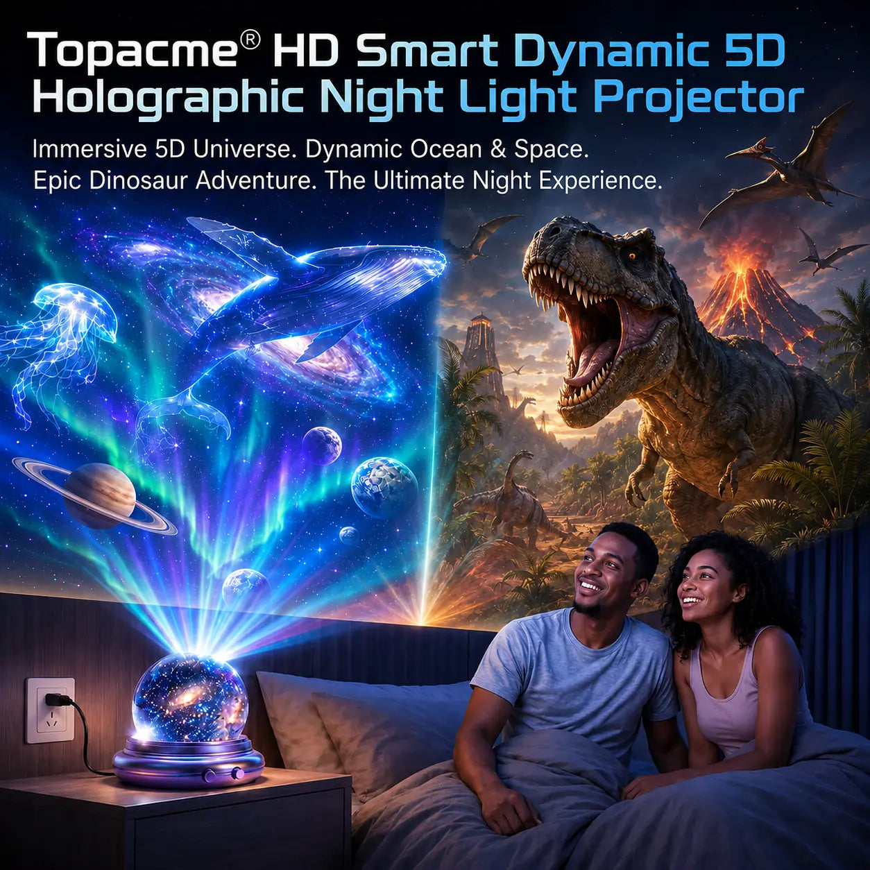 🔮Topacme 5D Holographic Smart Galaxy Ocean Projector – WiFi Dynamic HD Star Night Light, Whisper Quiet for Bedroom, Car & Meditation