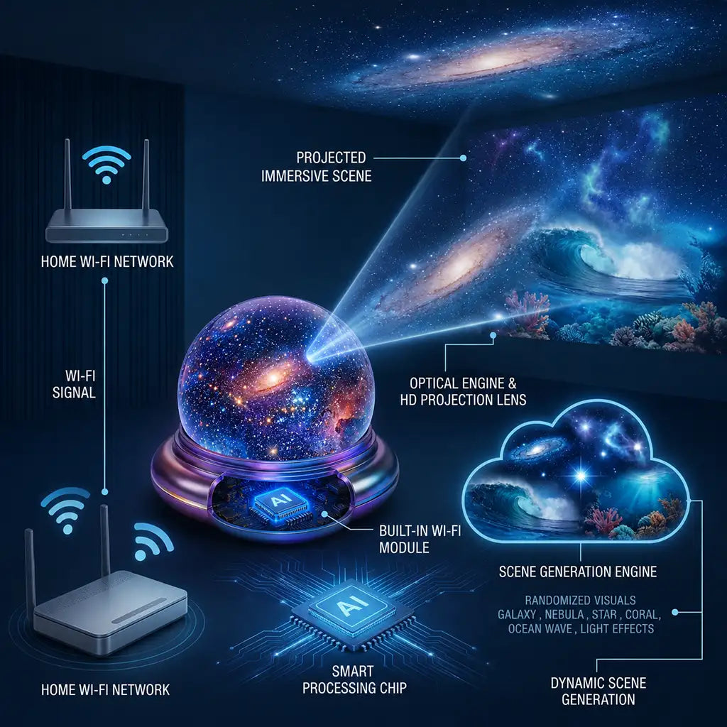 🔮Topacme 5D Holographic Smart Galaxy Ocean Projector – WiFi Dynamic HD Star Night Light, Whisper Quiet for Bedroom, Car & Meditation